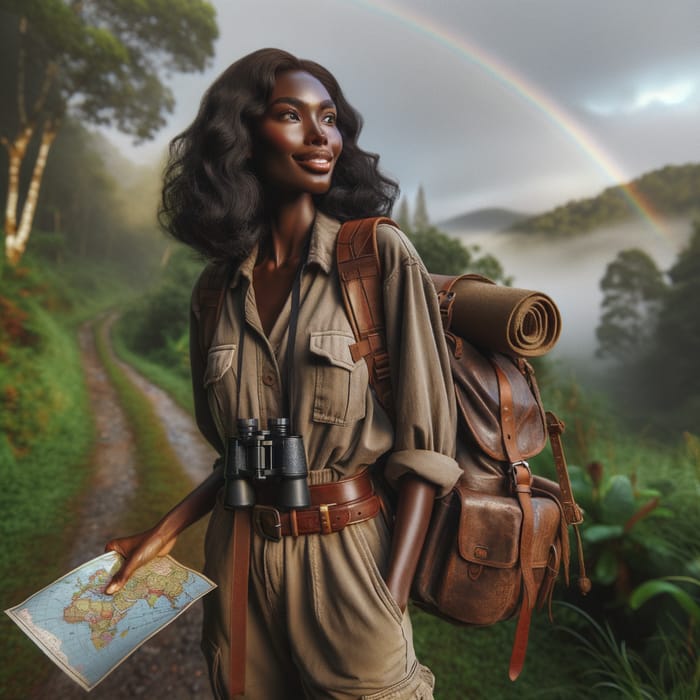 Adventurous Black Female Traveler Explores Uncharted Forest Path with Binoculars and Map