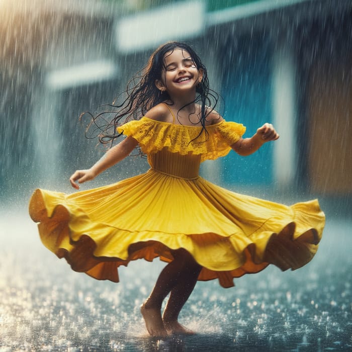 Vibrant Yellow Dress Dance in Rain - Joyful Hispanic Girl