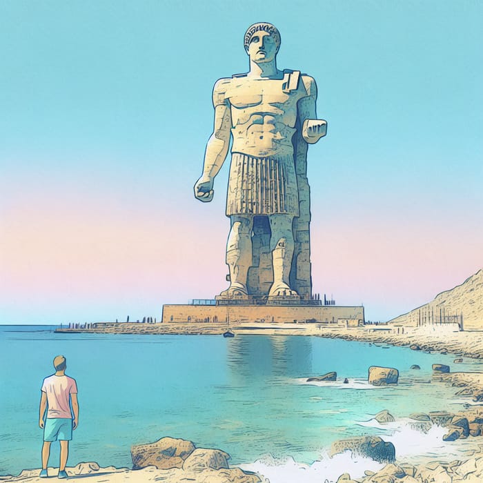 Pastel Watercolor Colossus of Rhodes Statue Art