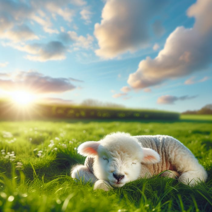 Serene Sleeping Lamb on Green Pasture