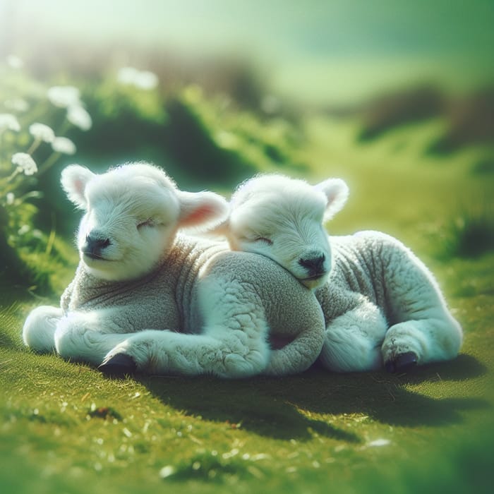 Peaceful Image of Two Sleeping Fluffy Baby Lambs on Grass