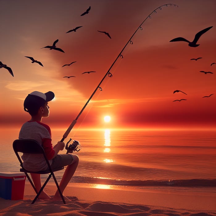 Tranquil Beach Fishing Scene with Hispanic Boy | Sunset View