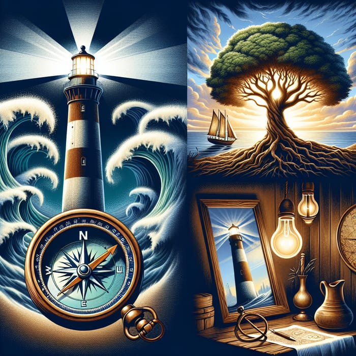 Symbols of Integrity: Lighthouse, Oak Tree, Compass, Clear Mirror