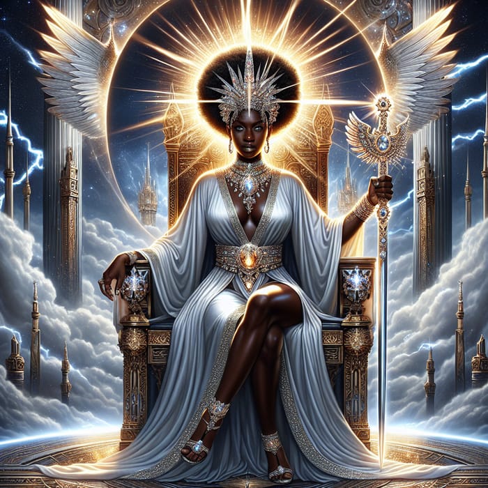 Regal Black Woman on Throne in Divine Attire | Spiritual Authority