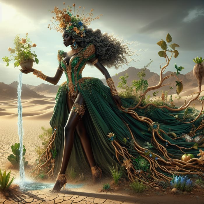 Majestic Black Woman's Oasis: Desert Blooms at her Feet