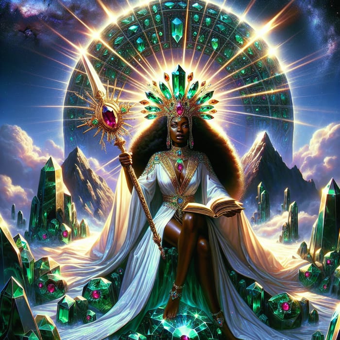 Divine Authority: Majestic Black Woman on Ruby-Emerald Mountain