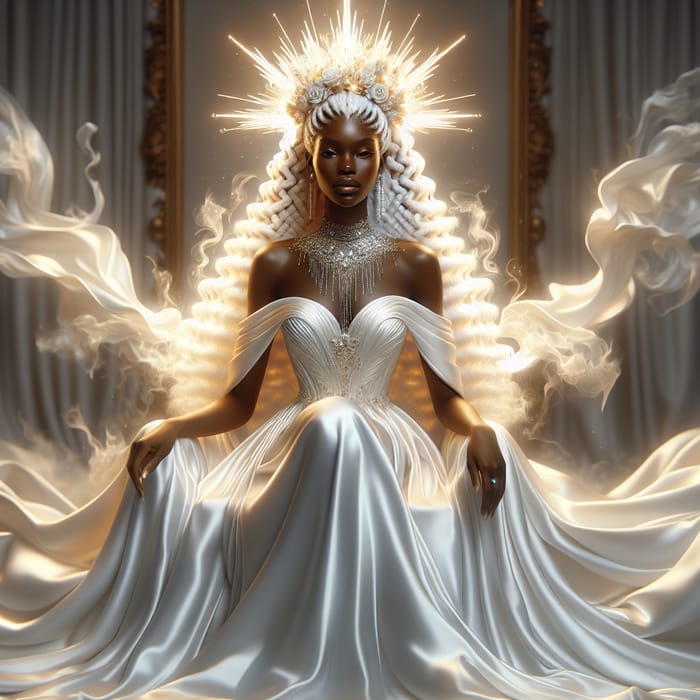 Radiant Black Woman in White Elie Saab Gown in Divine Throne Room