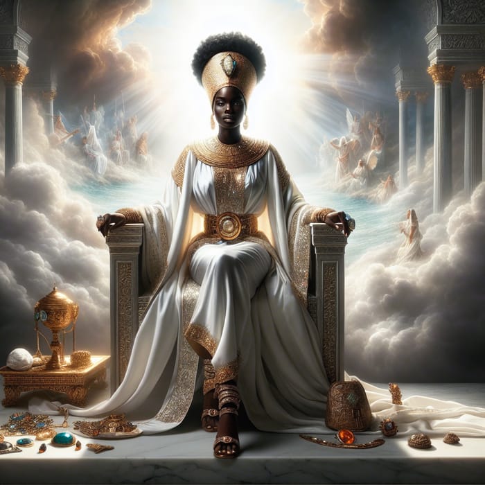 Majestic Black Woman on Throne in Divine Garments | Spiritual Connection