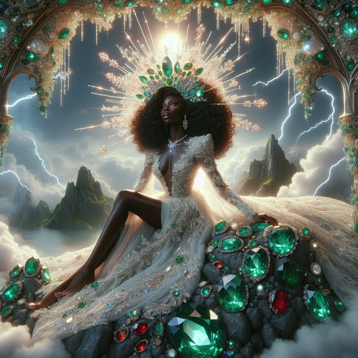 Black Woman on Emeralds & Rubies Rock: Ethereal Power and Elegance