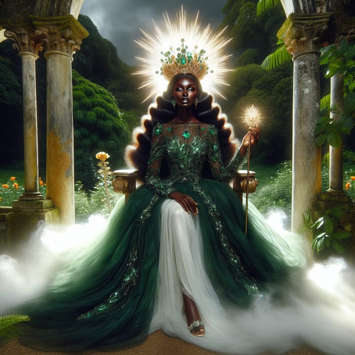 Radiant Black Woman in Green Gown | Garden of Eden Throne Illuminated in Light