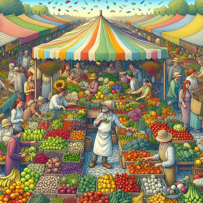 Colorful Farmers Market Cartoon | Fruits, Vegetables & Flowers
