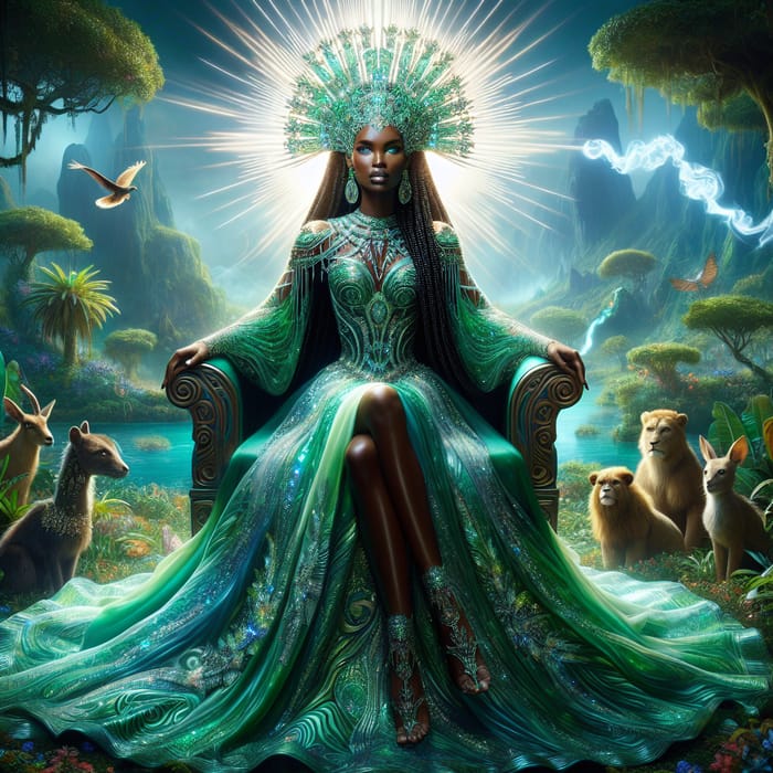 Divine Black Woman Glowing on Garden Throne with Holy Spirit