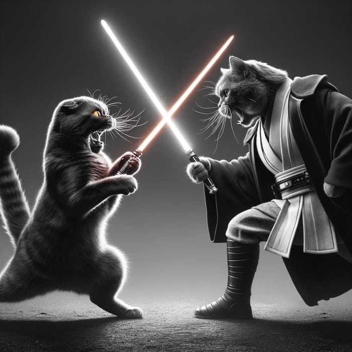 Epic Feline Duel: Sith Cat vs Jedi Knight Cat in Monochrome
