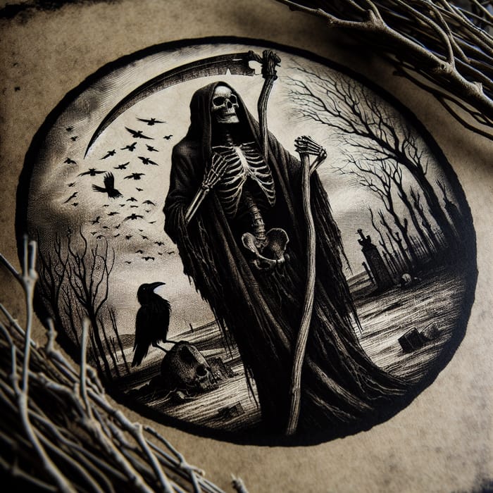 Death: Ominous Skeleton in Bleak Landscape with Crow
