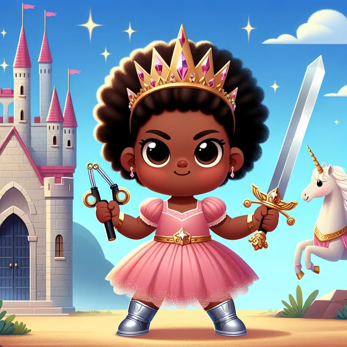 Hispanic/Black Toddler Girl Warrior with Sword, Nunchucks, Crown & Unicorn