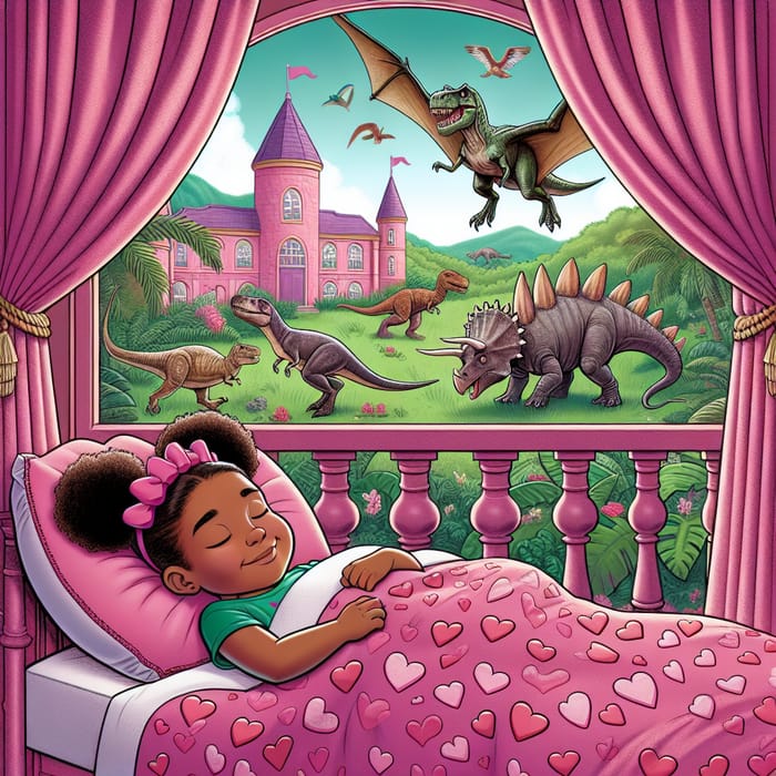 Sleeping Princess Surrounded by Dinosaurs in Pink Castle