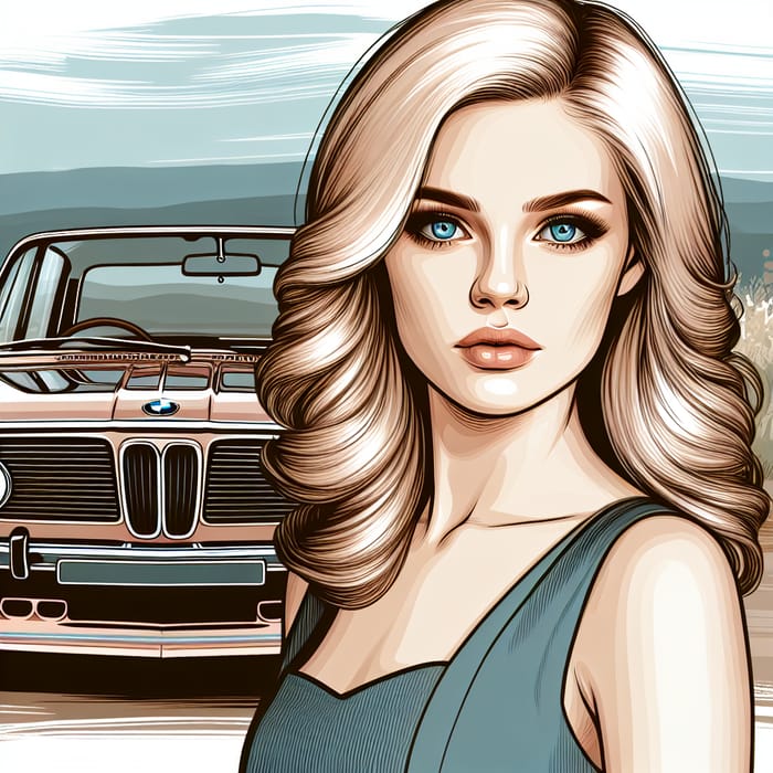Beautiful Blonde Girl with Blue Eyes near Vintage BMW Car