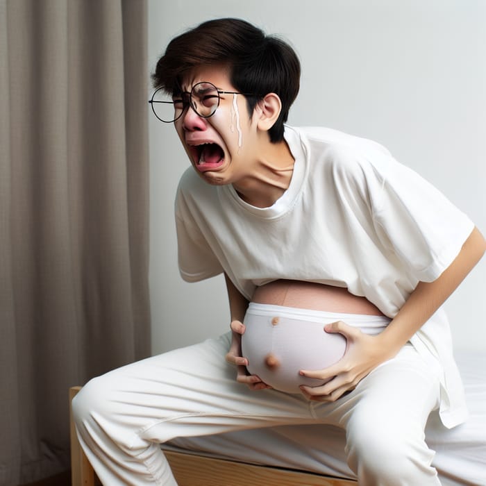 Korean Teen Boy Pregnant Belly: Squatting, Pushing, Crying