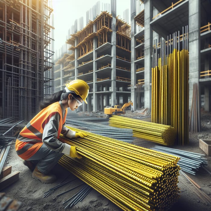 South Asian Female Worker Using Yellow TMT Bar in Building Construction