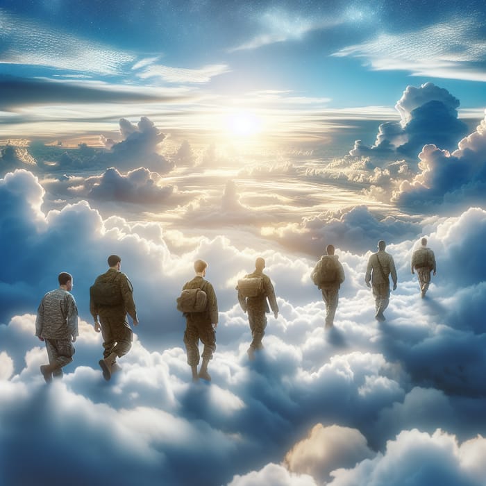 Ethereal Soldiers Walking Through Heavenly Clouds