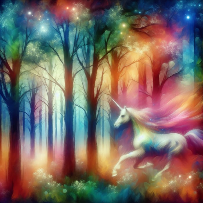 Mystical Forest with Unicorn in Vibrant Colors