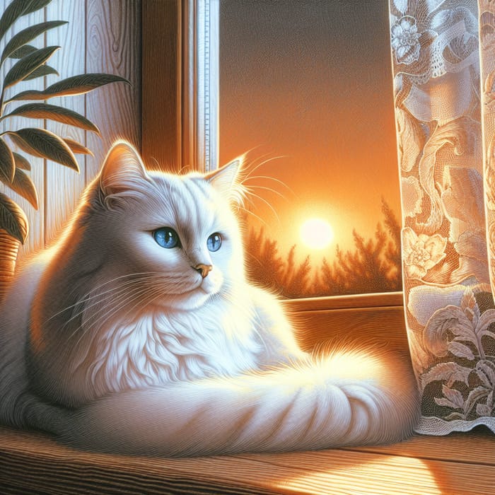 Detailed Artwork of Elegant White Cat at Sunset