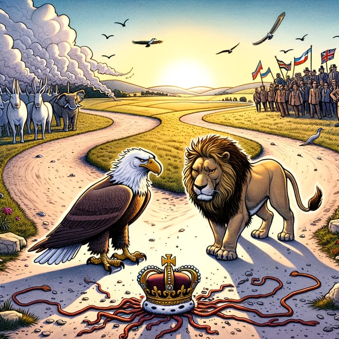 Symbolic Political Cartoon: Eagle and Lion at Crossroads