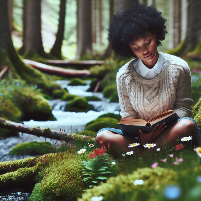 Tranquil Reading Spot: African American Woman in Forest Oasis