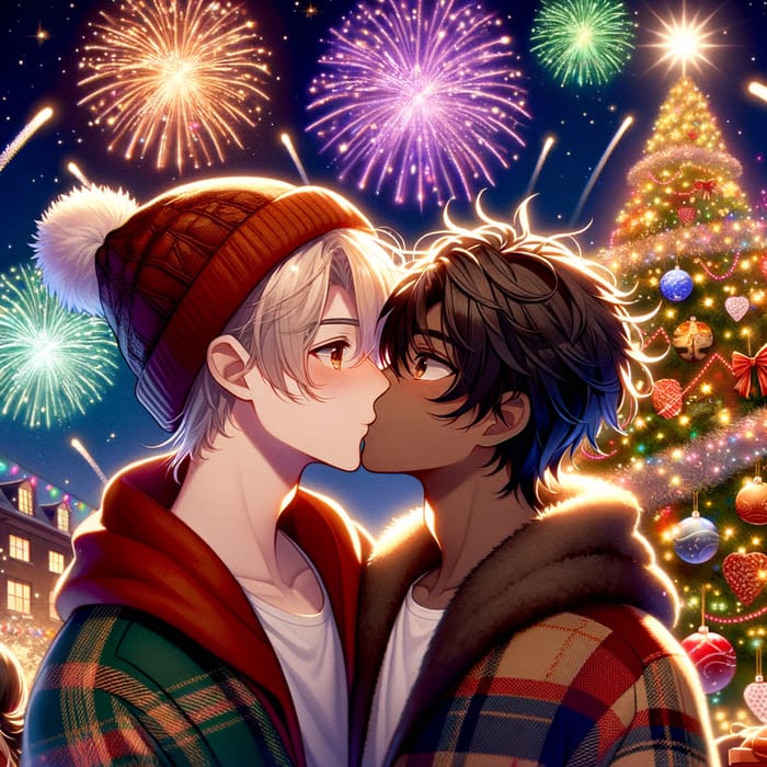 Romantic Anime Couple Christmas Kiss with Festive Fireworks