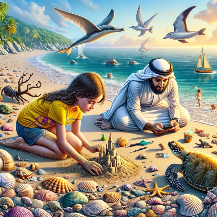 Scenic Beach: Shells, Girl Building Sandcastle, Boy with Phone