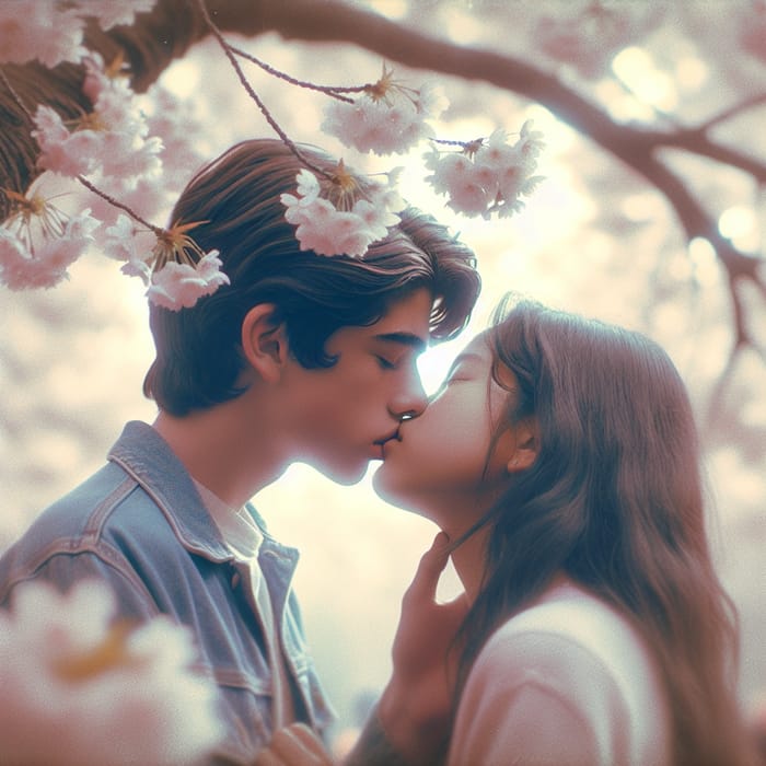 First Kiss under Cherry Blossom Tree - Youthful Love and Innocence
