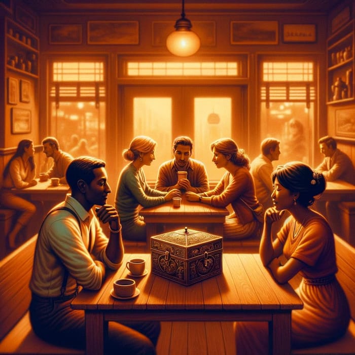 Cozy Coffee Shop Scene with Pandora's Box and Couples