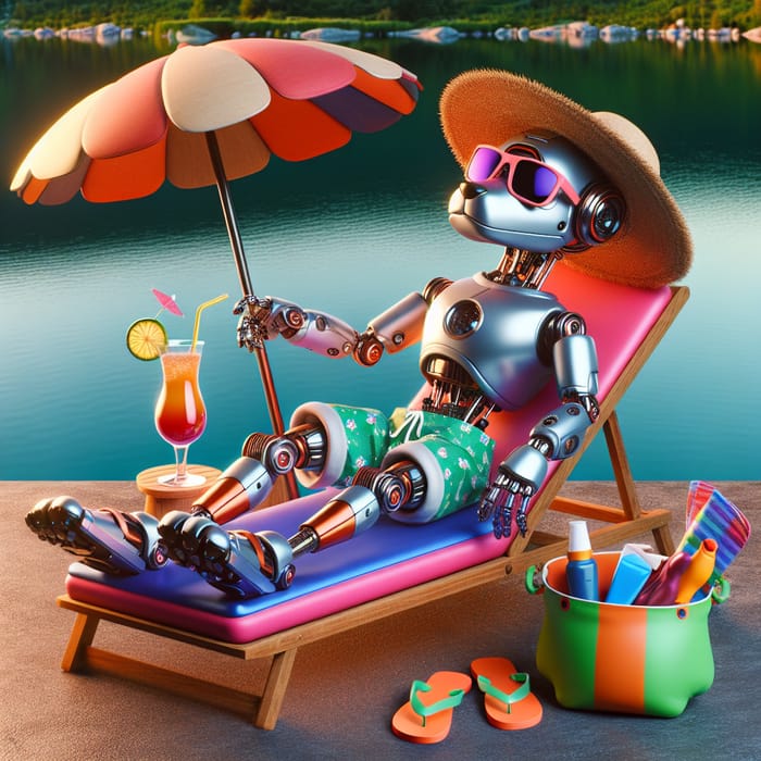 Robo Dog Summer Vacation by Pond with Tropical Vibes