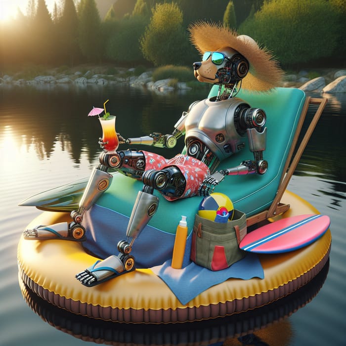 Robotic Dog Relaxing by Pond with Beach Accessories