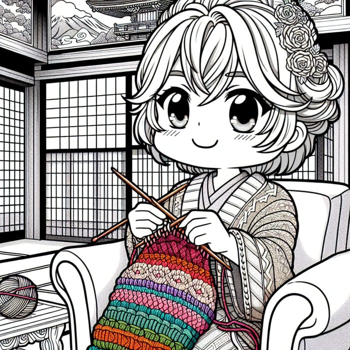Chibi Grandma Knitting: Kawaii Anime Coloring Book Scene