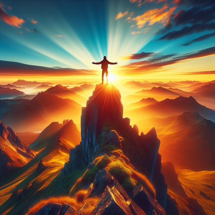Achievement and Freedom: Figure Atop Mountain at Glorious Sunrise