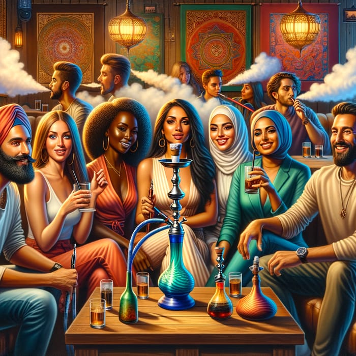 Vibrant Scene of 7 Friends in a Hookah Bar