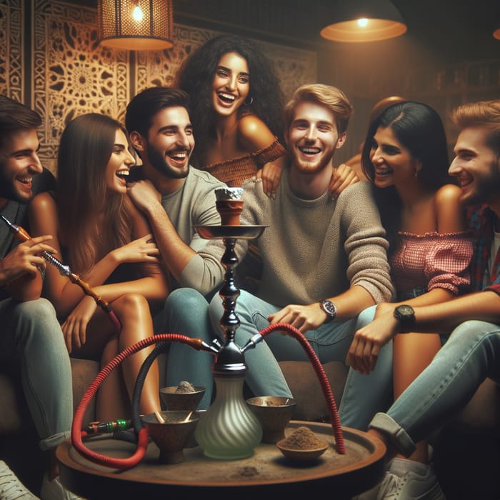 Vibrant Scene of 7 Friends Embracing Quality Time at Hookah Bar