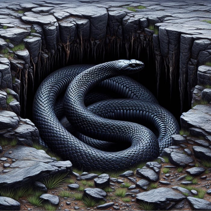 Majestic Black Snake in Enigmatic Cavern