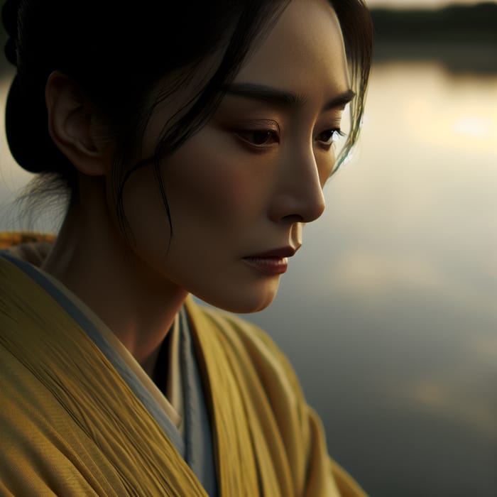 Sad Kunoichi in Yellow Huomongi by the Lake