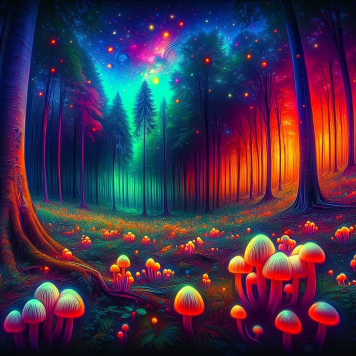 Enchanting Dusk Forest: Surreal Colors & Glowing Mushrooms