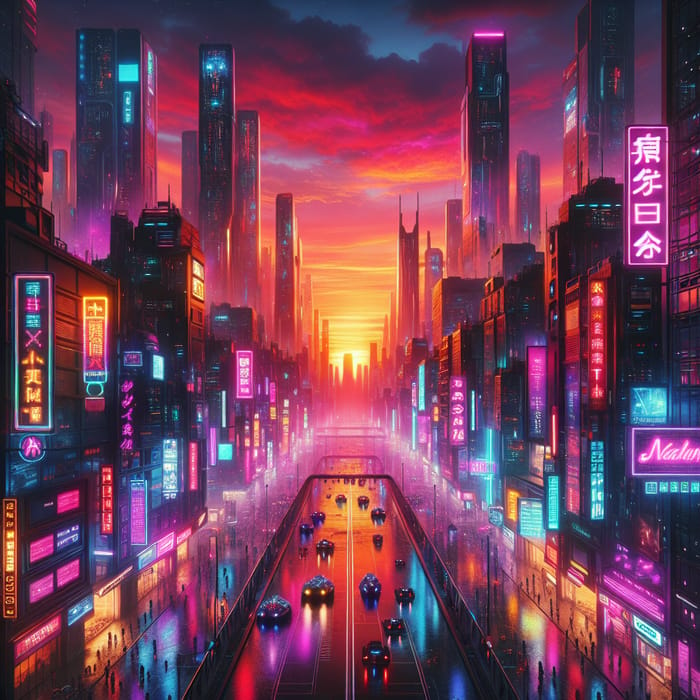 Vivid Technicolor Sunset Over Cyberpunk City | Futuristic Urban Landscape