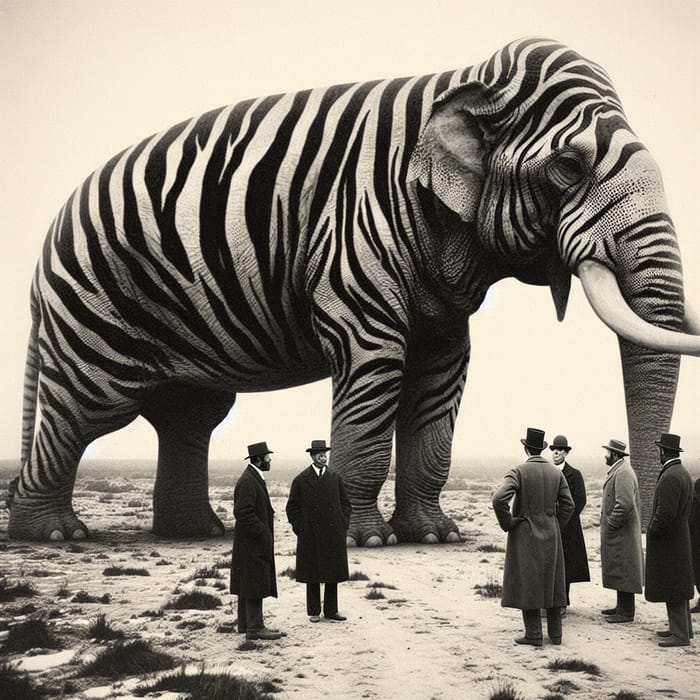 Monochrome Image of Colossal Tiger-Striped Elephant and Scientists
