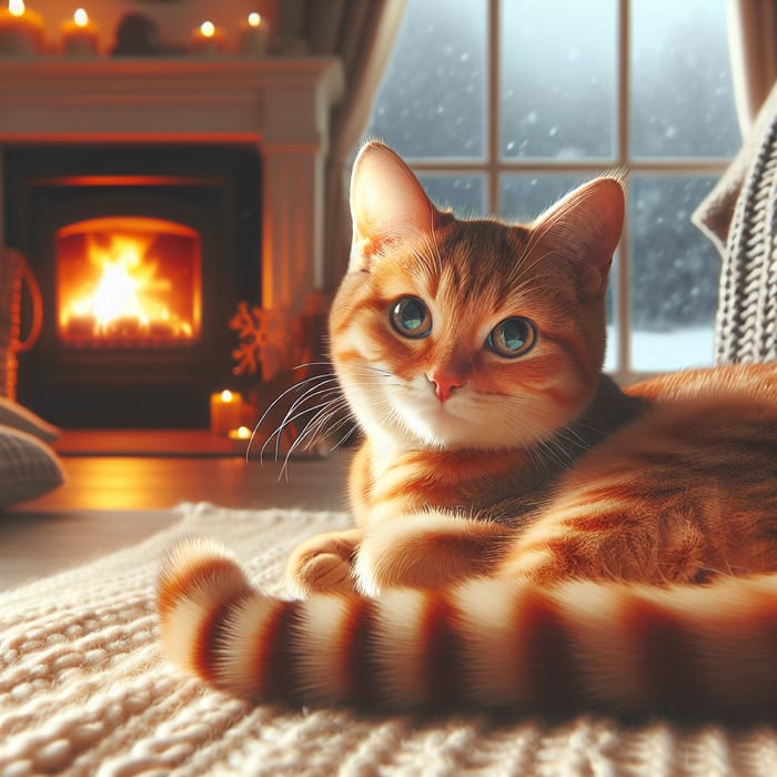 Adorable Cat Relaxing by the Fireplace | Cozy Scene
