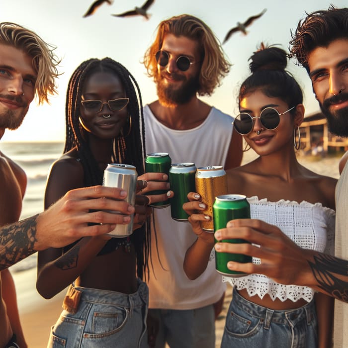Friends Cheers with Beer Cans on Beach