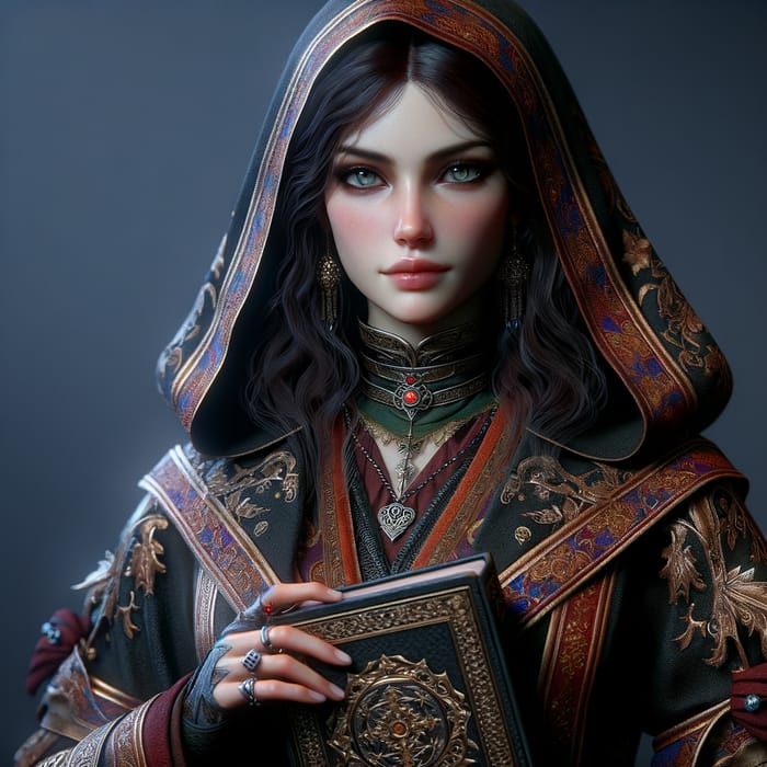 Exotic Dark-Haired Female Cleric in Mystic Attire