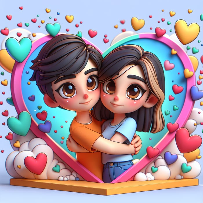 Whimsical Couple Embraced in a Shower of Colorful Hearts