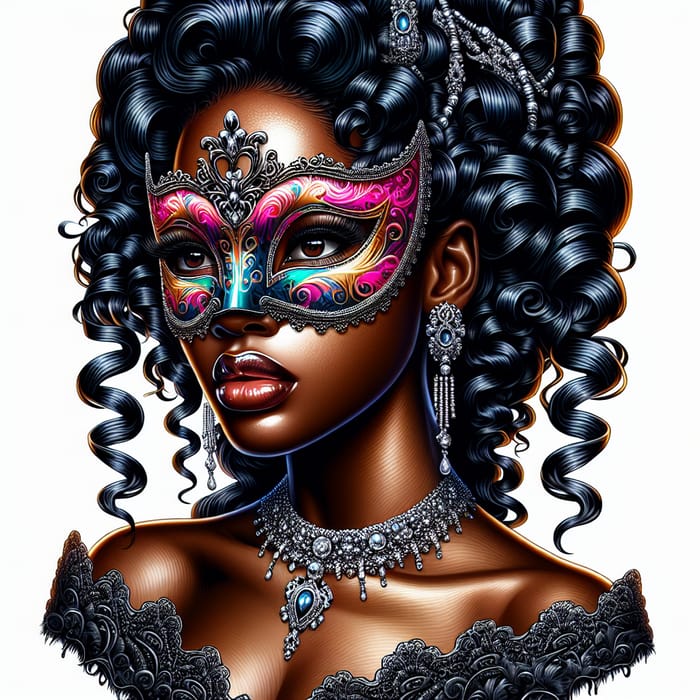 Stunning African American Woman in Victorian Ball Gown with Intricate Masquerade Mask