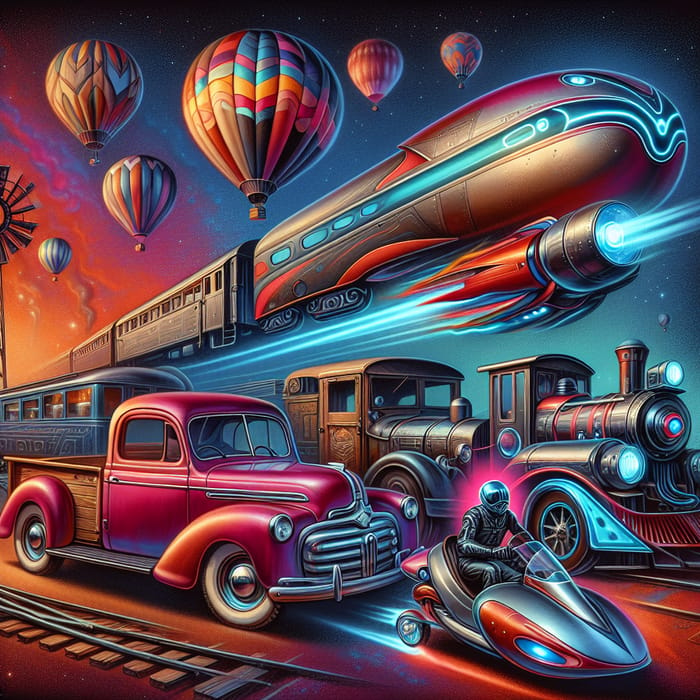 Abstract Carnival of Vehicles: Vintage Car, Hoverbike, Pickup Truck, Train & Hot Air Balloons