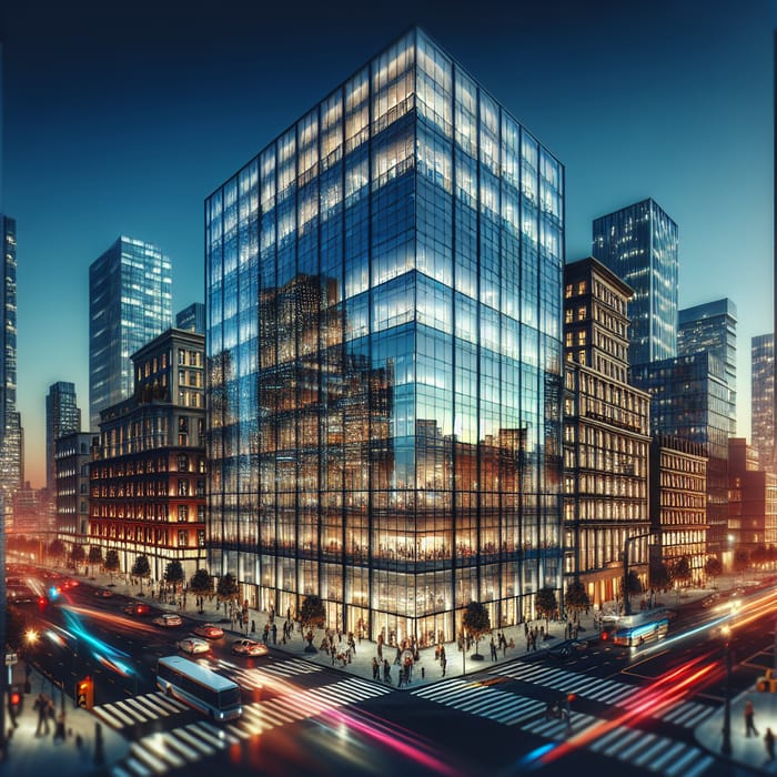 Vibrant Cityscape with Modern Glass Office Building
